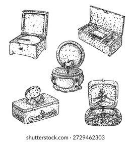Coleção de caixas de música desenhadas à mão com detalhes decorativos, representando tampas abertas revelando mecanismos, discos giratórios, bailarinas dançantes e cavalos carrosséis