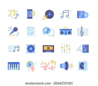 Collection of music icons. Colorful stickers with microphone, music, tape recorder and smartphone with song. Design elements for social networks. Cartoon flat vector set isolated on white background