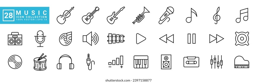 Collection of music icons, musical instruments, notes, rhythms, vector template editable and resizable EPS 10.