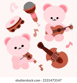 a collection of music and music including a teddy bear playing a violin.