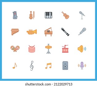 Collection of music instrument linear icons and color icons. Set of sound, equipment symbols drawn with thin contour lines. Vector illustration.