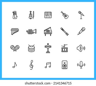 Collection of music instrument linear icons. Set of sound, equipment symbols drawn with thin contour lines. Vector illustration.