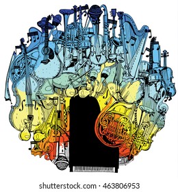 Collection of Music Instruments in circle. Hand drawn illustration in doodle style.