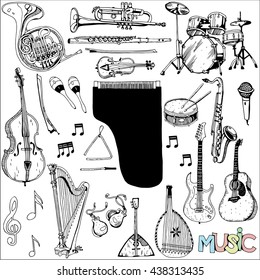 Collection of Music Instruments. Hand drawn illustration in doodle style.