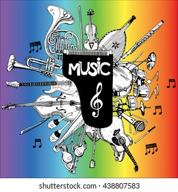 Collection of Music Instruments. Hand drawn illustration in doodle style.