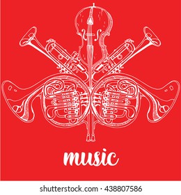 Collection of Music Instruments. Hand drawn illustration in doodle style.
