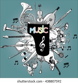 Collection of Music Instruments. Hand drawn illustration in doodle style.