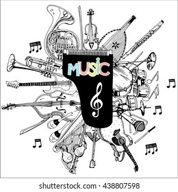 Collection of Music Instruments. Hand drawn illustration in doodle style.