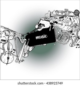 Collection of Music Instruments. Hand drawn illustration in doodle style.