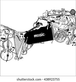 Collection of Music Instruments. Hand drawn illustration in doodle style.