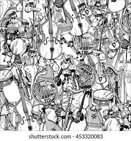 Collection of Music Instruments. Hand drawn illustration in doodle style.