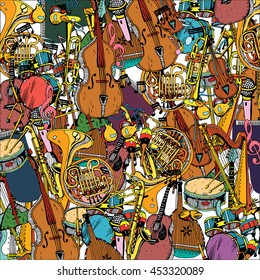 Collection of Music Instruments. Hand drawn illustration in doodle style.