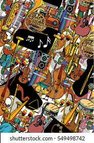 Colección de instrumentos musicales. Ilustración dibujada a mano en estilo doodle.