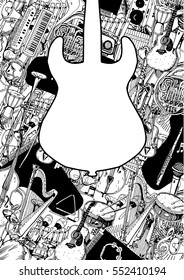 Collection of Music Instruments. Hand drawn illustration in doodle style.