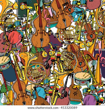 Collection of Music Instruments. Hand drawn illustration in doodle style.