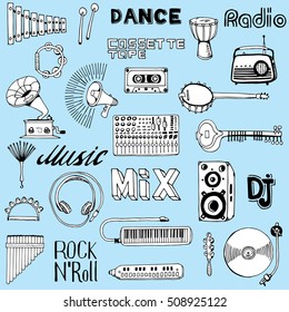 Collection of Music Instruments and lettering. Hand drawn illustration in doodle style.