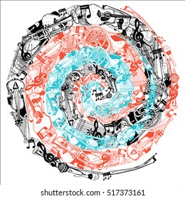Collection of Music Instruments in Spiral. Hand drawn illustration in doodle style.