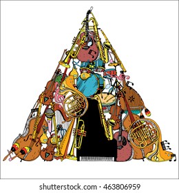 Collection of Music Instruments in triangle. Hand drawn illustration in doodle style.