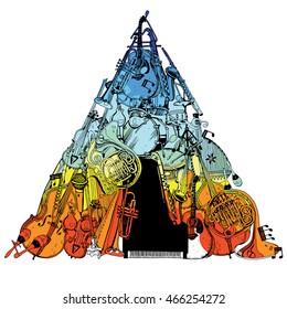 Collection of Music Instruments in triangle. Hand drawn illustration in doodle style.