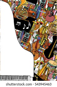 Collection of Music Instruments with White Piano. Hand drawn illustration in doodle style. 