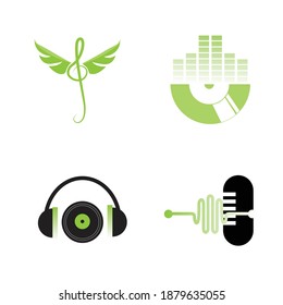Collection of music logos made in vector. Recording studio labels hipster style. Pod cast and radio badges with sample text. Vintage t-shirt design elements with musical elements - guitar, horns.