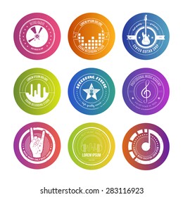 Collection of music logos made in vector. Recording studio labels hipster style. Podcast and radio badges with sample text. Vintage t-shirt design elements with musical elements - guitar, horns.
