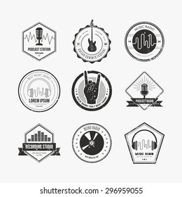 Collection of music logos made in vector. Recording studio labels hipster style. Podcast and radio badges with sample text. Vintage t-shirt design elements with musical elements - guitar, horns.