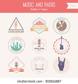 Collection of music logos made in vector. Recording studio labels hipster style. Podcast and radio badges with sample text. Vintage t-shirt design elements with musical elements - guitar, horns. 