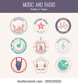 Collection of music logos made in vector. Recording studio labels hipster style. Podcast and radio badges with sample text. Sound production logotypes.