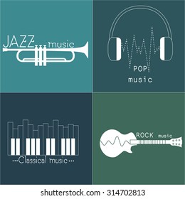 Collection of music logos made in vector. Design elements with musical elements - guitar, piano, trumpet. Jazz, Pop, rock and classical music