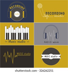 Collection of music logos made in vector. Design elements with musical elements -  piano, microphone, headphones