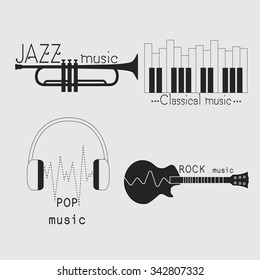 Collection of music logos made in vector. Design elements with musical elements - guitar, piano, trumpet