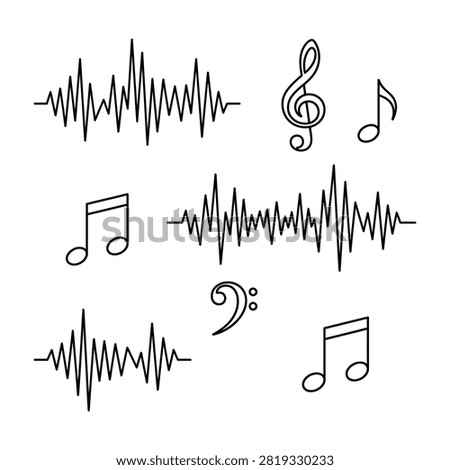 Collection of music notes, treble and bass clefs, and sound waveforms representing audio signals, rhythm, and melody on white background.
