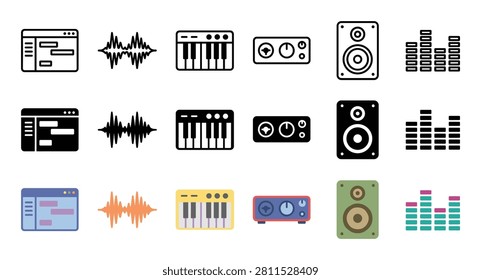 Collection of music production and audio engineering icons in three distinct styles, including sound waves, synthesizers, and studio monitors.