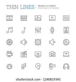 Collection of music and video related line icons. Editable stroke