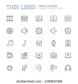 Collection of music and video related line icons