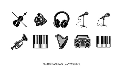 A collection of musical instrument and audio icons presented in a striking silhouette style for creative projects.