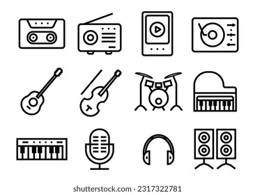 Collection of musical instrument icons guitar, violin, drums, piano, keyboard, etc. Musical instrument line symbols. Vector illustration