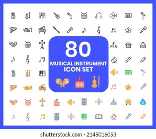 Collection of musical instrument linear icons and color icons. music, class, keyboard, note, piano. Set of Book, speaker symbols drawn with thin contour lines.