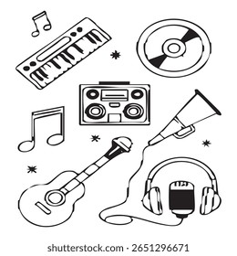 A collection of musical instruments and audio equipment, including a keyboard, guitar, headphones, microphone, boombox, vinyl record, and musical notes, presented in a clean, line-art style.