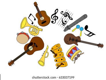 Collection of the musical instruments collected in one ring in calor. Guitars, pipe, notes, drum, maracases. Vector illustration