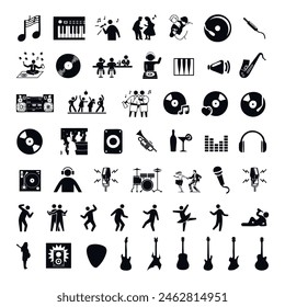 Collection of musical instruments and dance icons.
