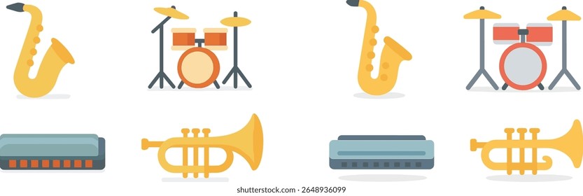 Coleção de instrumentos musicais exibidos em cores brilhantes apresenta saxofones, tambores, trompetes e harmônicas. Este arranjo vibrante destaca a alegria da música.