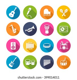 Collection of musical instruments icons. Can be used on print materials or on websites with subjects related to music, dance, singing, concerts or playing musical instruments. Flat design style.