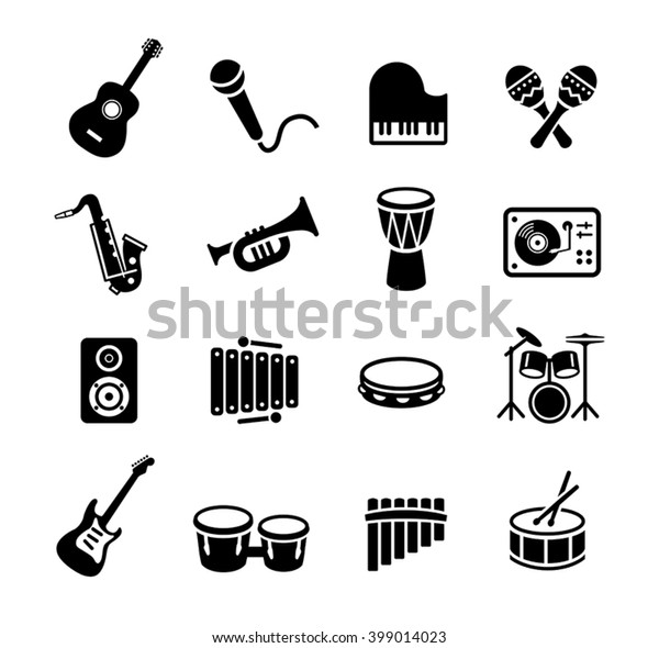 Collection of musical\
instruments icons. Can be used on print materials or on websites\
with subjects related to music, dance, singing, concerts or playing\
musical\
instruments.