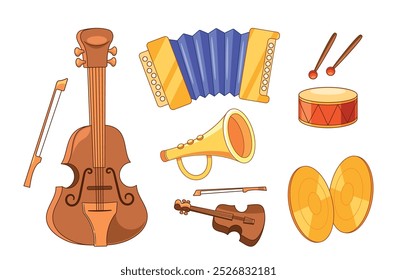 Coleção De Instrumentos Musicais, Incluindo Um Violino, Trompete, Acordeão, Tambor, Pimbais E Arco. Imagem vetorial do desenho animado