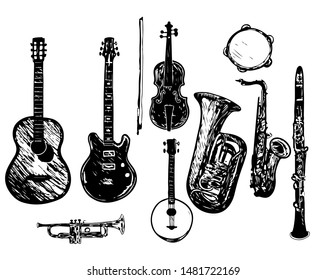 The collection of musical instruments. Stylized musical instruments. Set. hand drawn in vector.