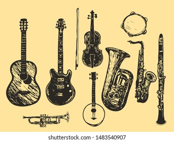 The collection of musical instruments. Stylized musical instruments. Set. hand drawn in vector.