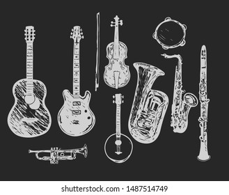 The collection of musical instruments. Stylized musical instruments. Set. hand drawn in vector.