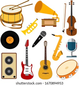 Collection of musical instruments. Vector musical icons. Color images of guitar, violin, drum and other tools.